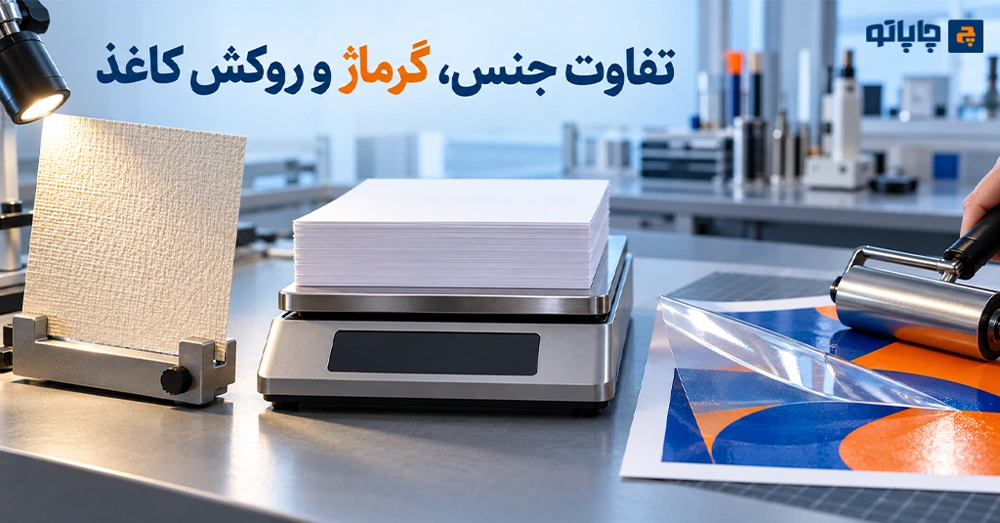 نمایش جداگانه جنس کاغذ، وزن، ضخامت و روکش چاپ روی نمونه‌های کاغذ